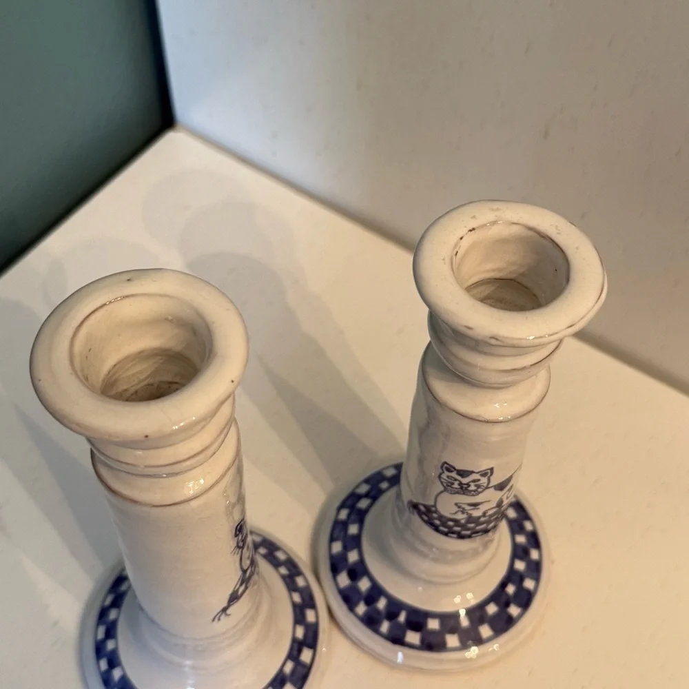 Vintage Blue & White Handpainted Pottery Candlesticks (Set of 2) Cat Checkers